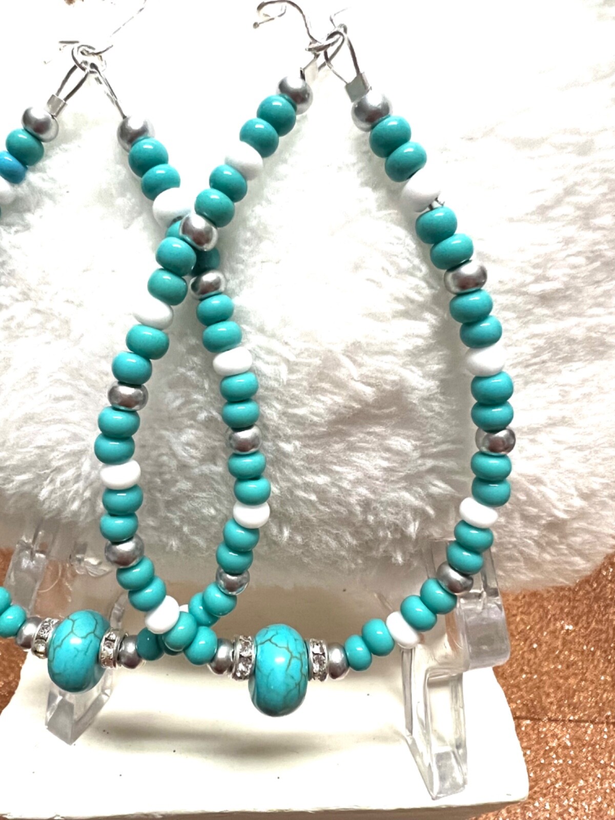 Silver Seed Bead Teardrop Sterling Earrings W Turquoise Roundelle Beads 3.5 In