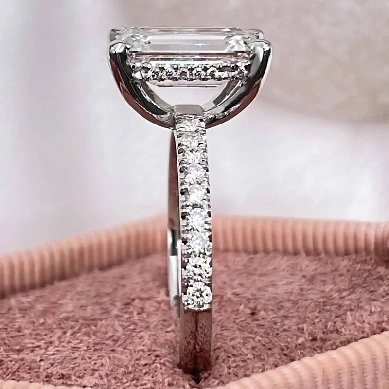 2.0CTW Emerald Cut Moissanite Hidden Halo Engagement Ring 14K White Gold Plated