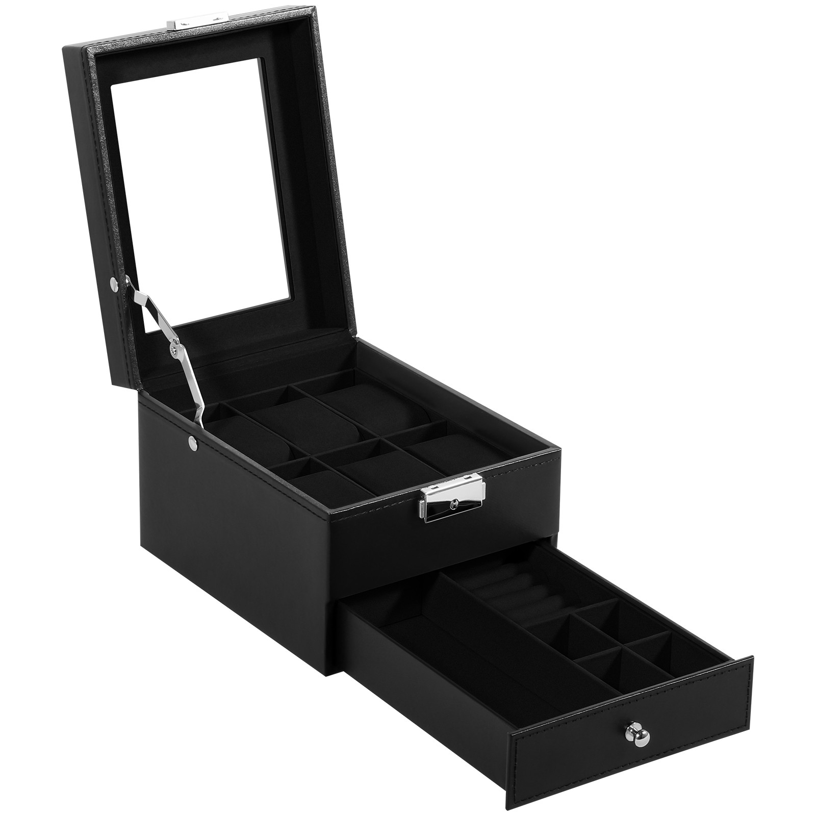 6 Slots Watch Box PU Leather Watch Case Jewelry Storage Glass Lid Display Case
