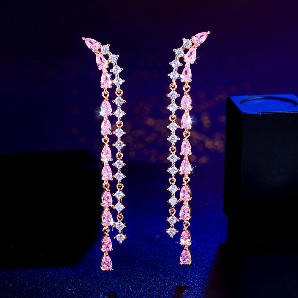 Fresh and sweet fairy style pink diamond tassel earrings with zircon earrings