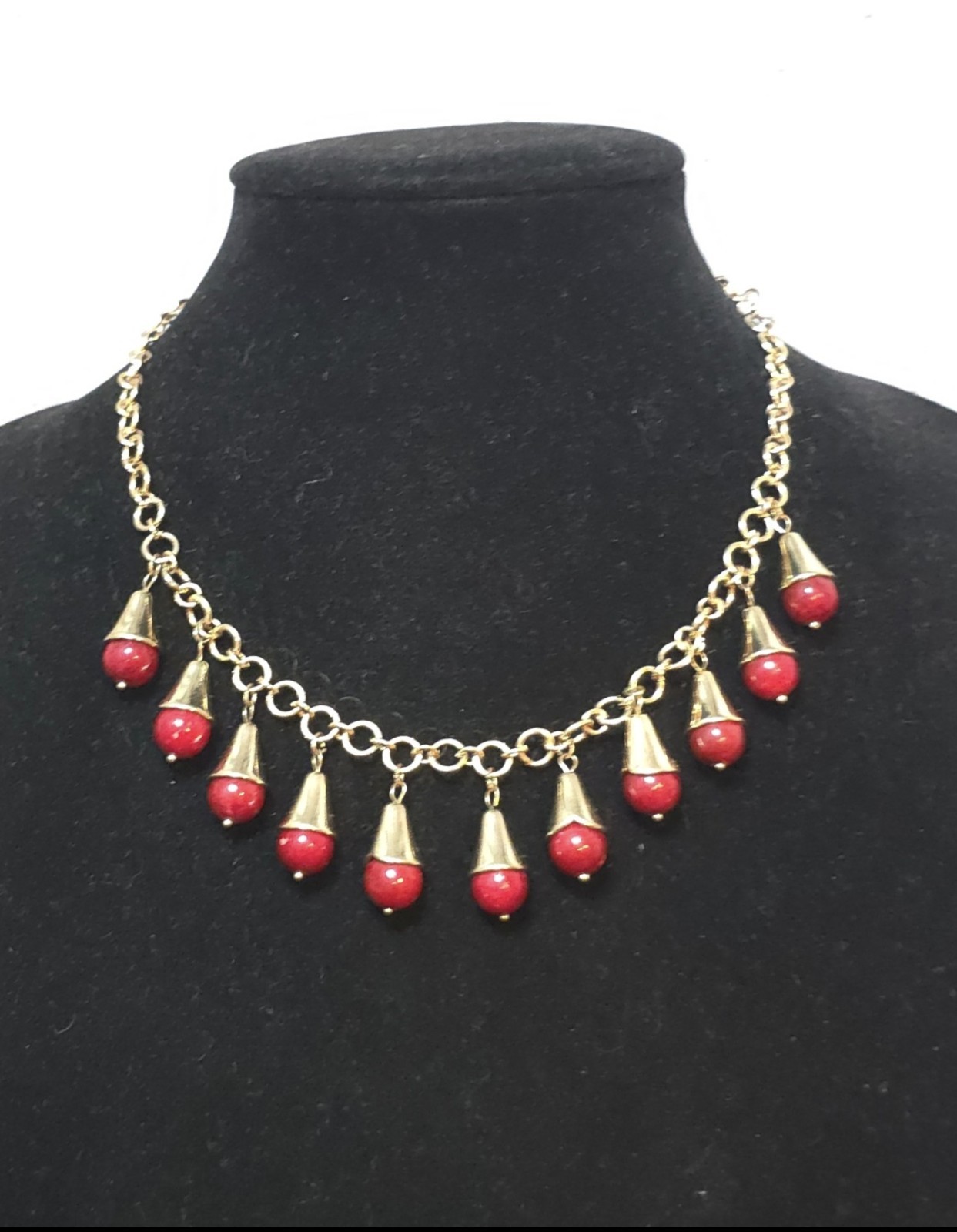 Chaps Signed Choker Necklace Cherry Red Dangle Charms Art Deco Style Gold Tone