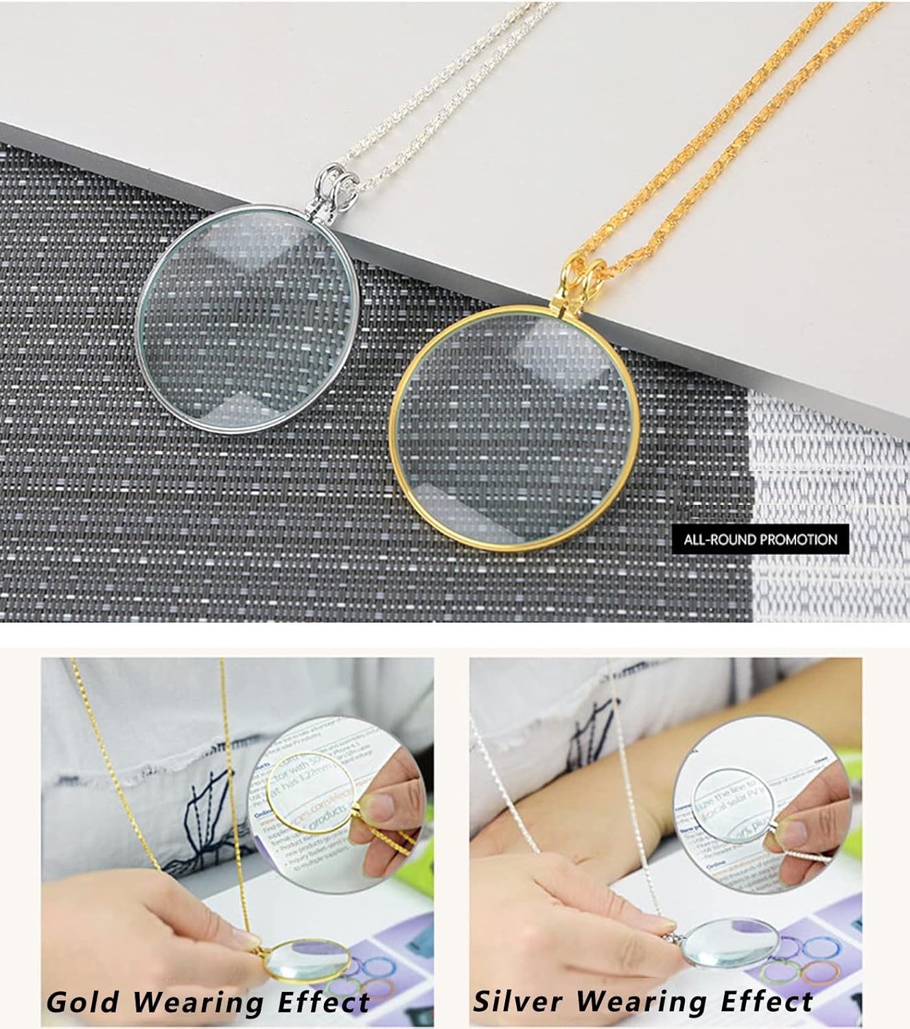 Magnifying Glass Necklace Monocle 5X Necklace With 1.6 Inch Glass 35.4 Inch Gold
