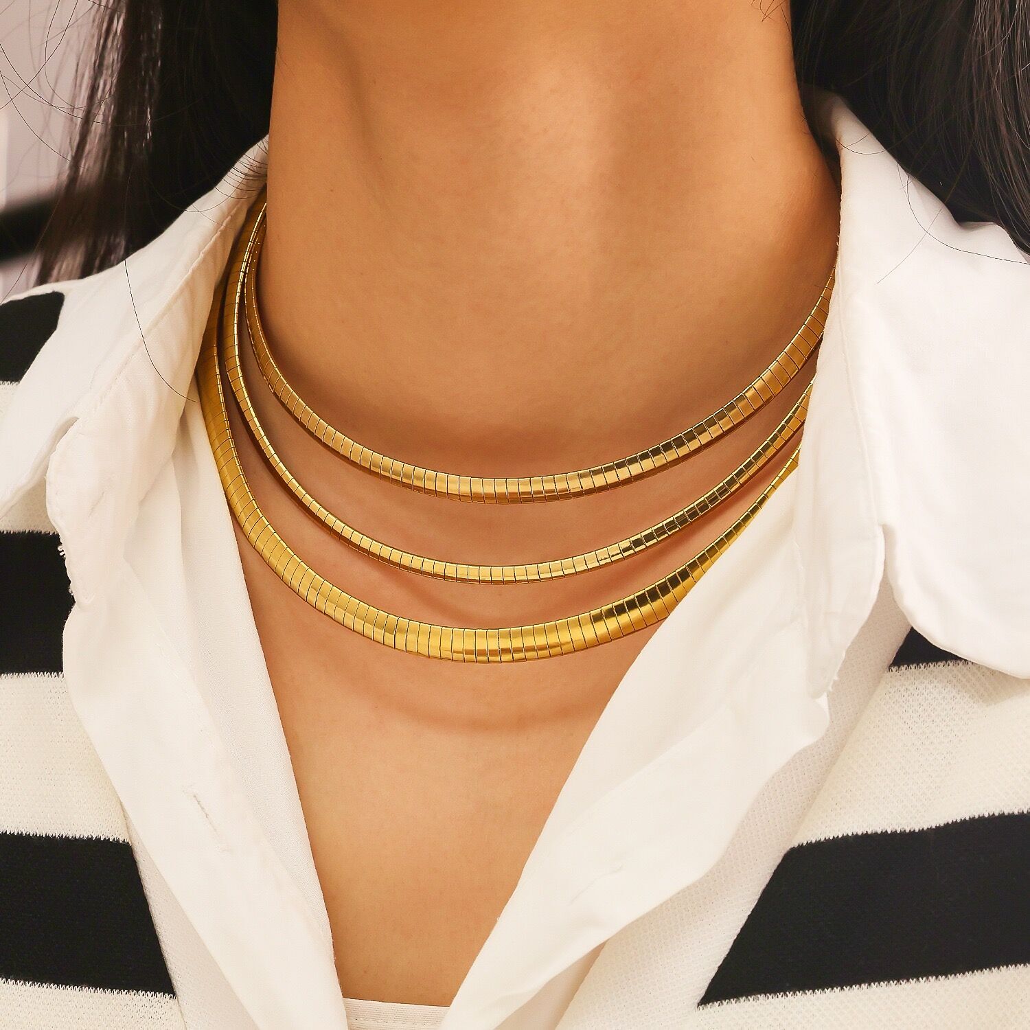 Women 4/6/8mm Stainless Steel 18k Gold Plated Herringbone Snake Chain Choker