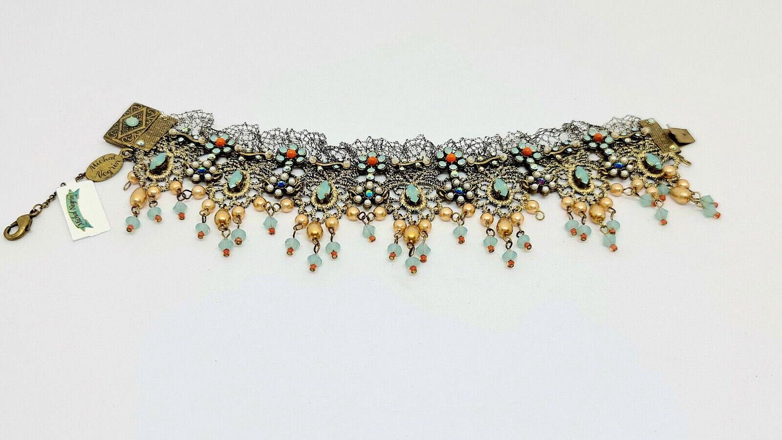 Lovely Michal Negrin Fabric Lace Bracelet Crystal Flowers Unique.