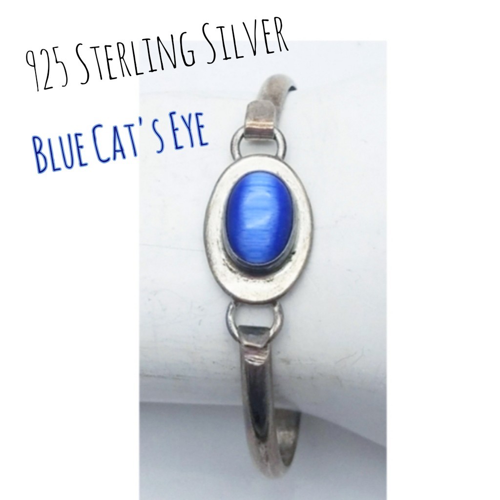 Vtg 925 Chrysoberyl Blue Cat’s Eye Cabachon Bangle 925 Sterling Silver Mexico