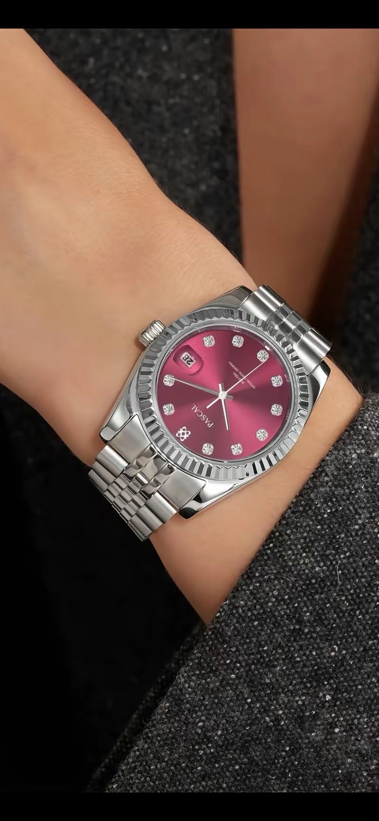 PASCAL Quartz 40mm Red Sunburst Dial Date 100m SS Bracelet Watch