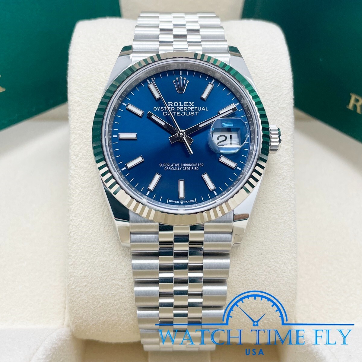 Rolex 126234 Stainless Steel Datejust 36mm Fluted Bezel Blue Index Dial Jubilee