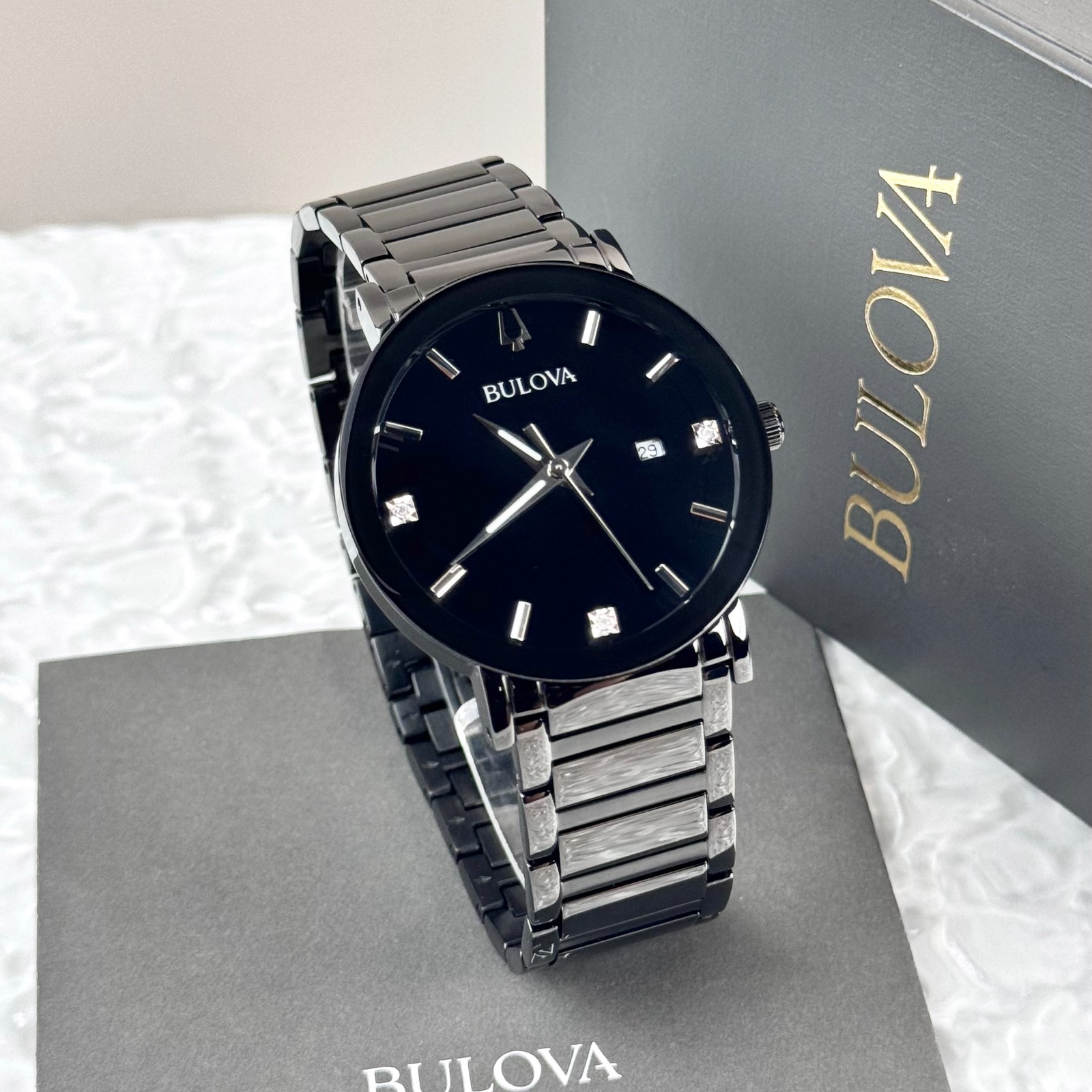 BULOVA Men’s Futuro Modern 98D144 Black Quartz Diamond Calendar Watch 42MM