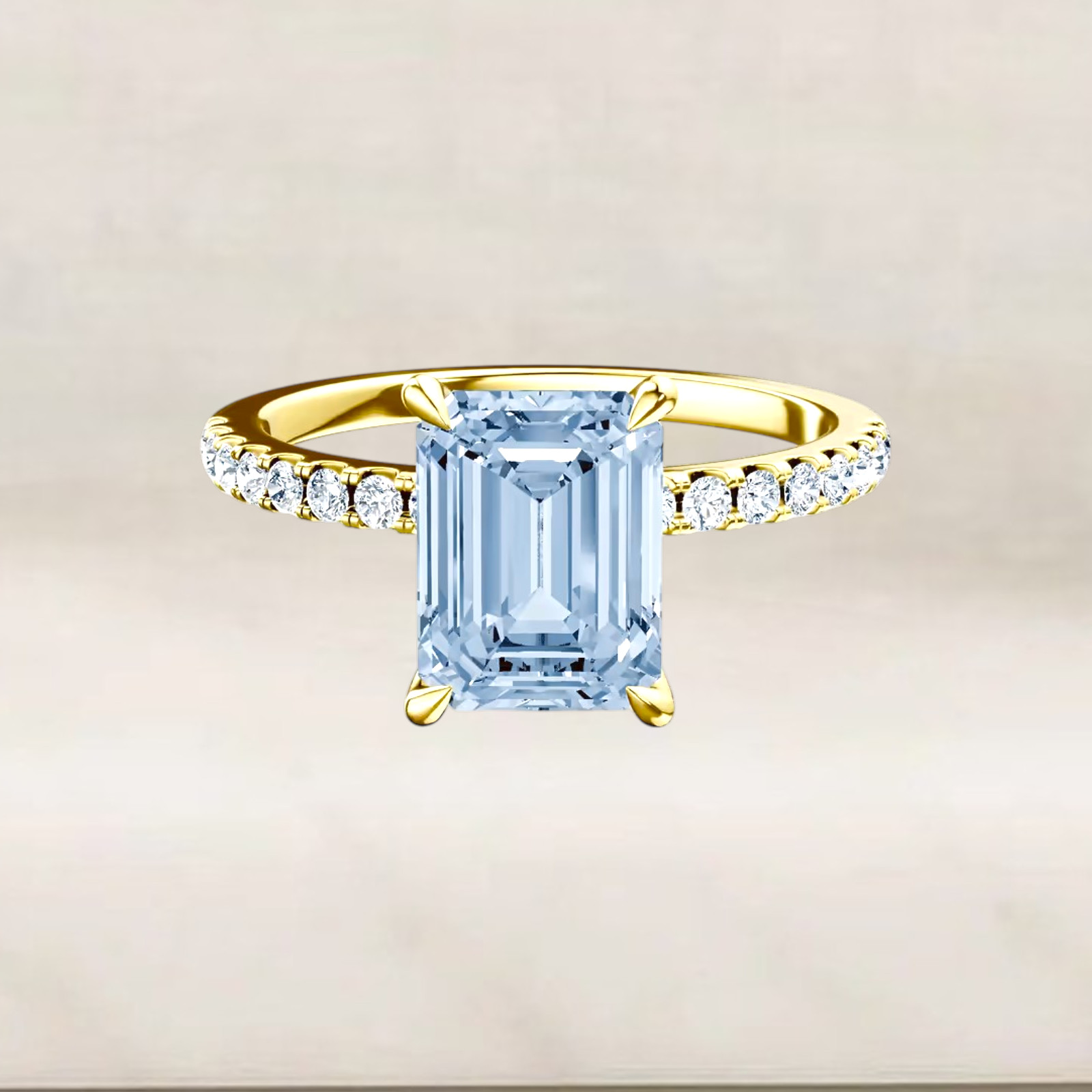 Lab Grown Fancy Intense Blue Diamond Women Ring Emerald 3.25 CT 14K Yellow Gold