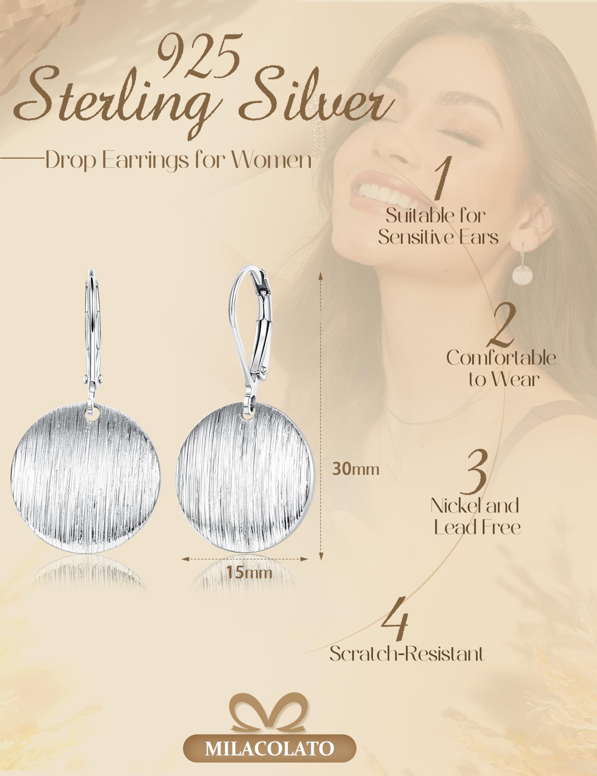 MILACOLATO 925 Sterling Silver Earrings Leverback 15 * 30 mm, Circle Disc