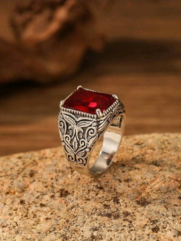 Men’s Silver-Plated Zinc Red Square-Shaped CZ Ring Size 8