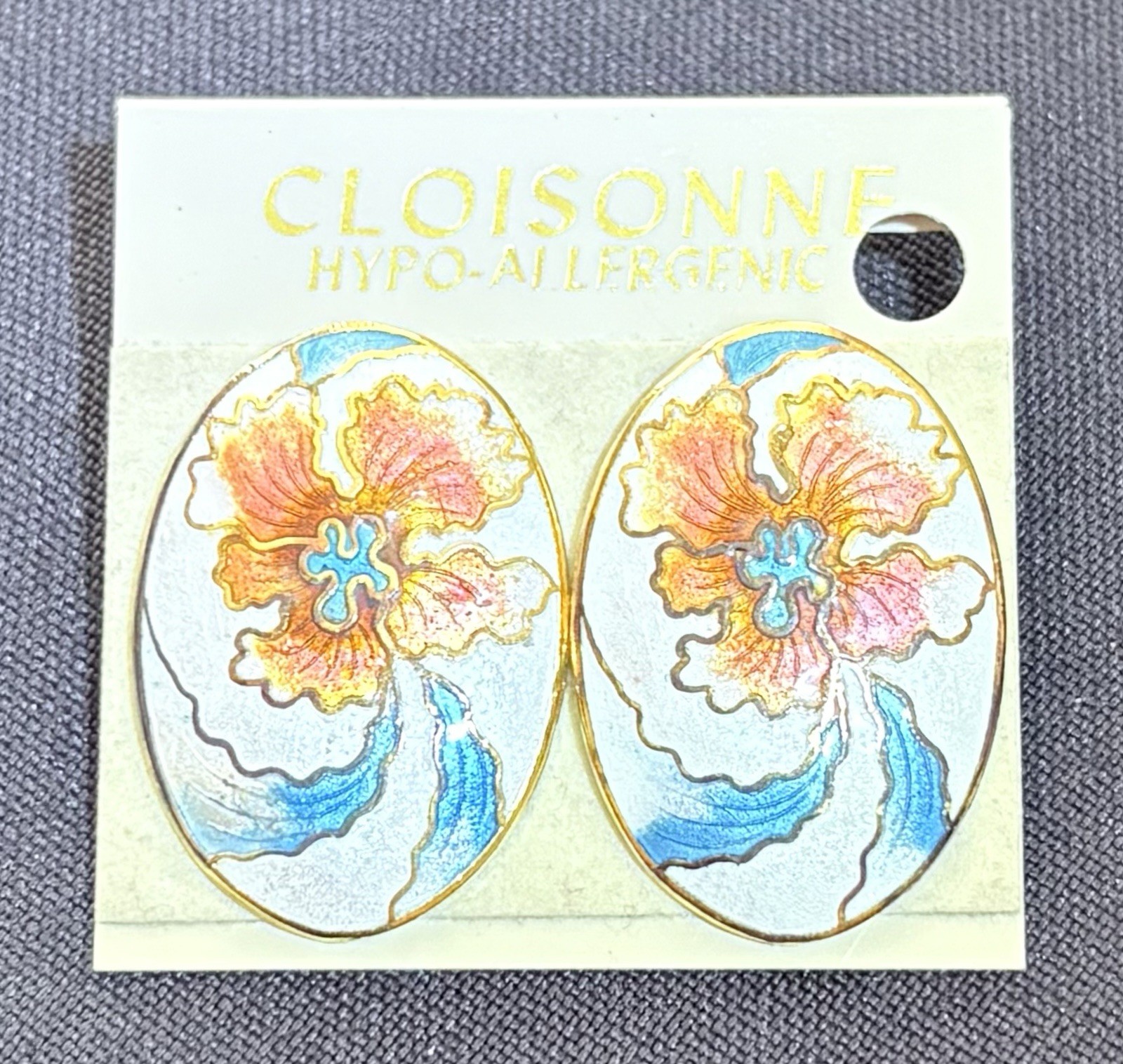 Cloisonné Pierced Earrings Orange Blue White Floral Orchid Hypo-allergenic Nice!