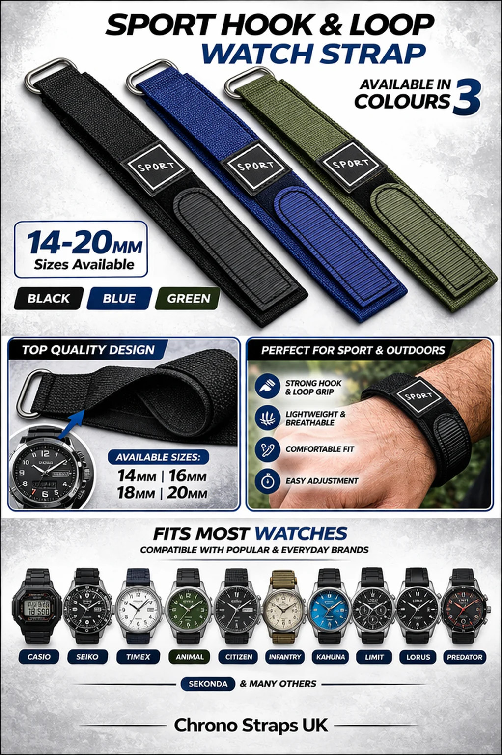Sport 14mm Blue Tough Secure Hook & Loop Nylon Watch Band Strap Ladies Women’s w