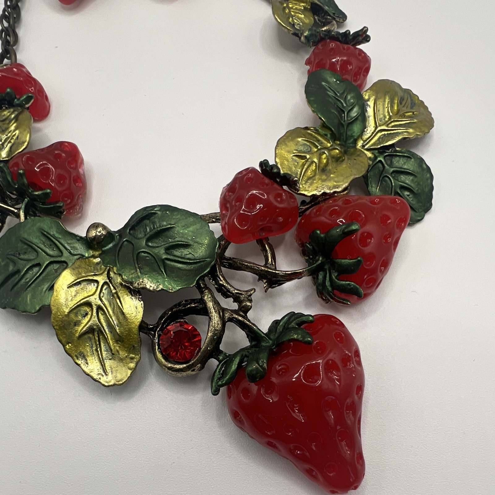Strawberry Cluster Necklace & Pierced Earrings Set Acrylic Red Green Gold Tone