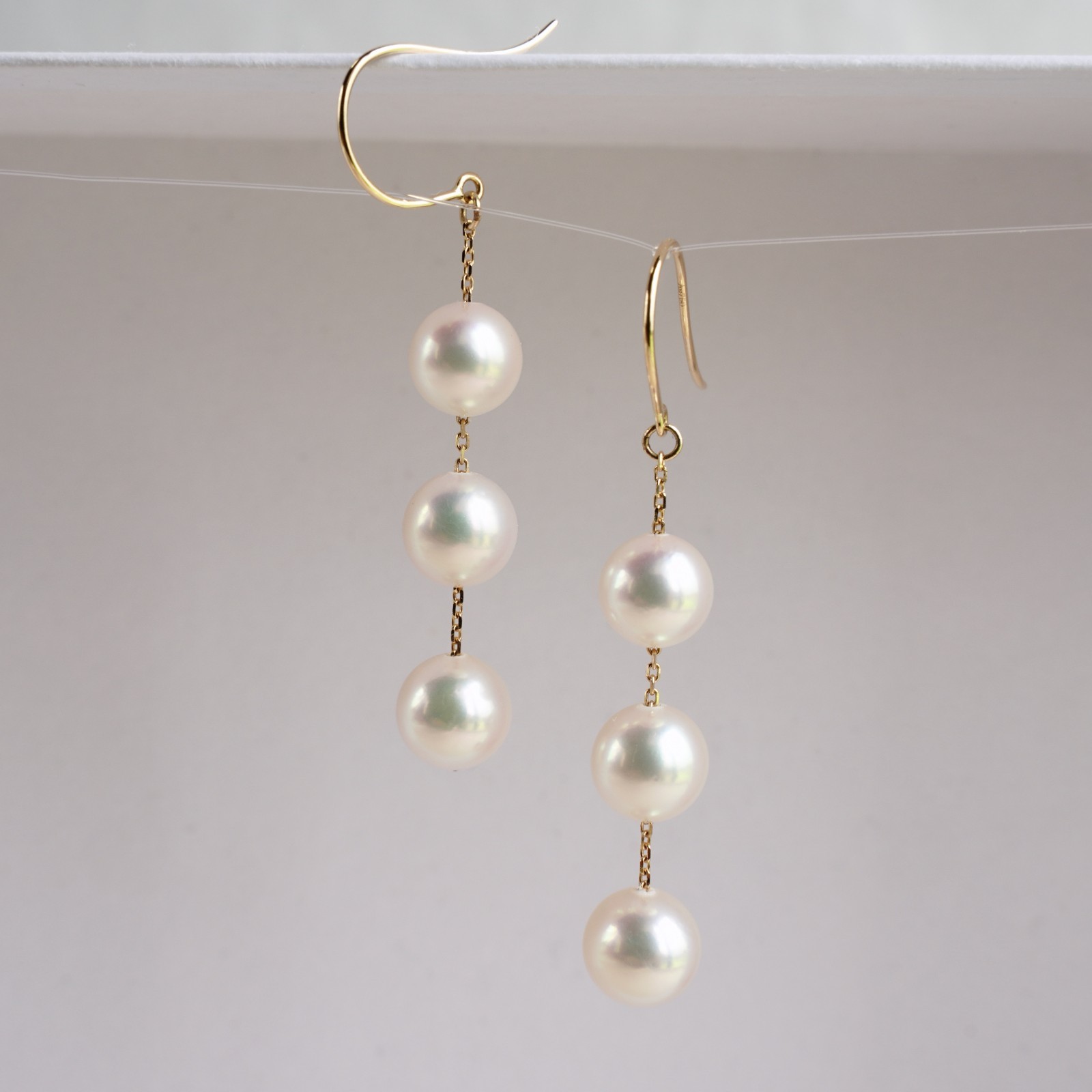 AAA 6.5-6.9MM White Japanese Akoya Pearl Long Earrings 18Kt Yellow Gold, 1.7″