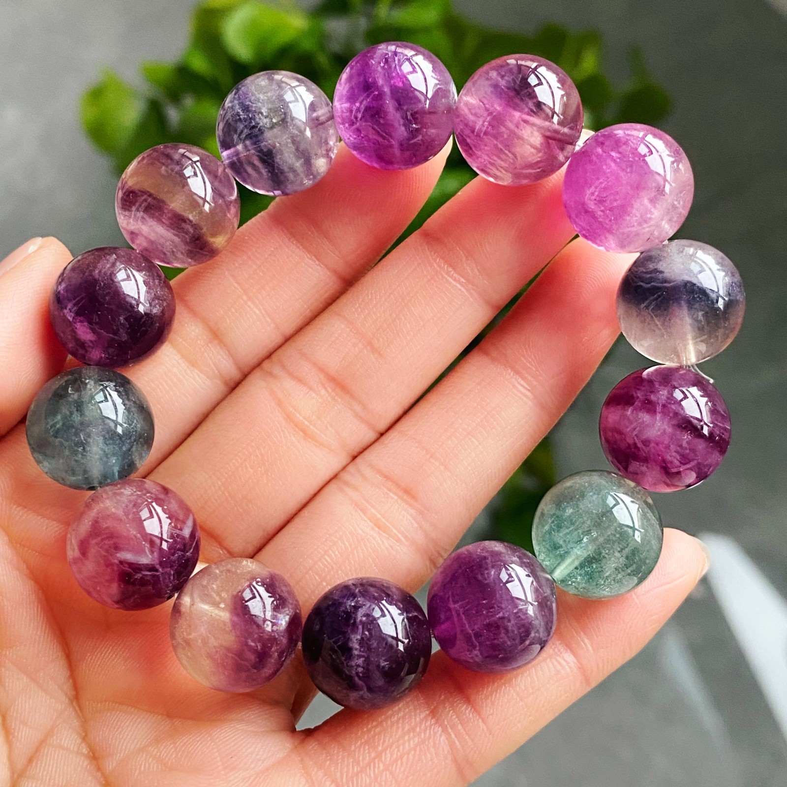 14.7mm Natural Color Fluorite Quartz Crystal Gemstone Beads Bracelet 2944