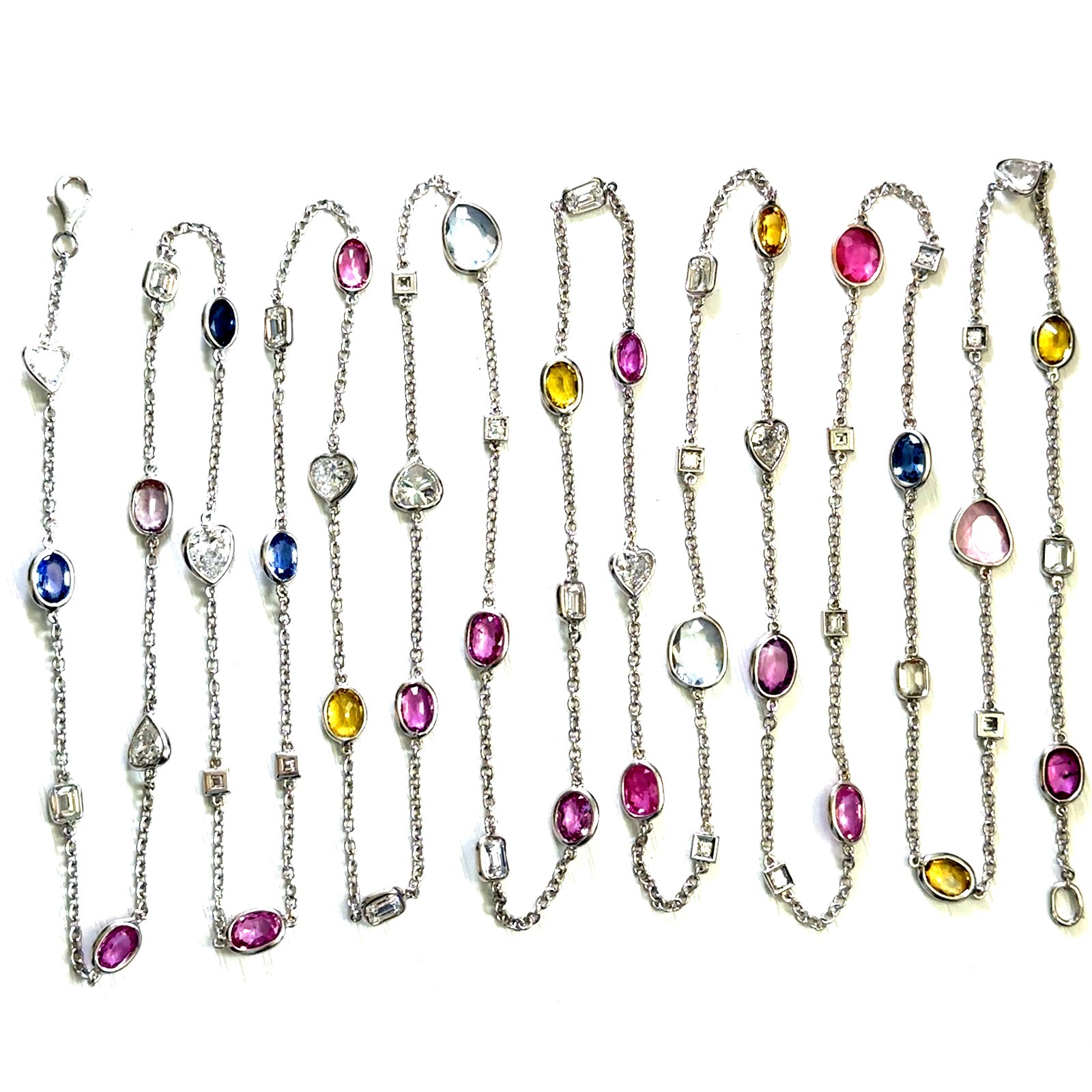 18K White Gold Fancy Cut Natural Diamonds & Multicolor Sapphire Necklace 64″