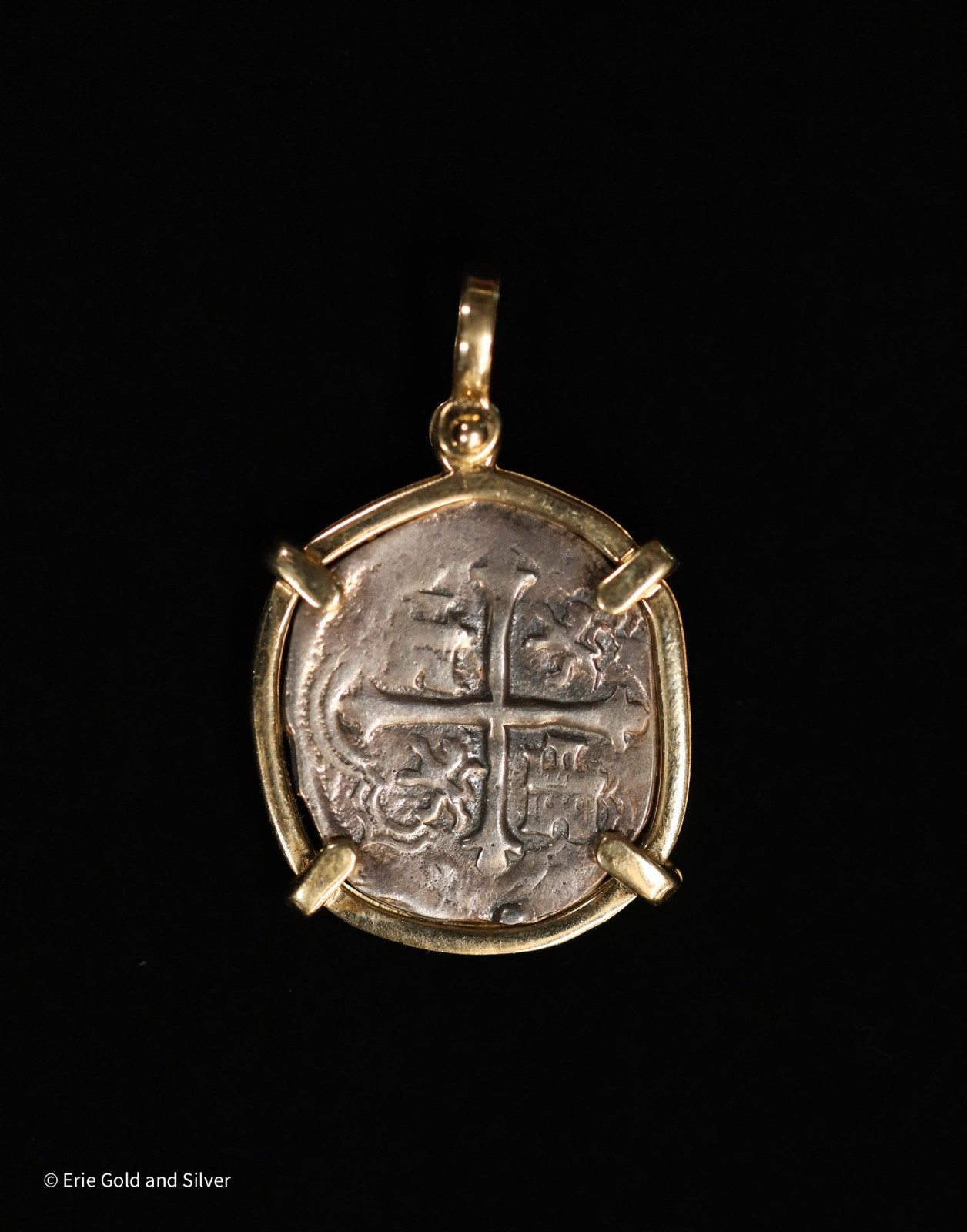 14k Yellow Gold Bezel Pendant W/Mexico 2 Real ca.1600s Silver Coin