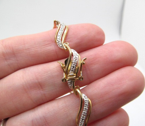 925 Sterling Silver Yellow Gold Wash Diamond Curved Tennis Bracelet 7.25 In