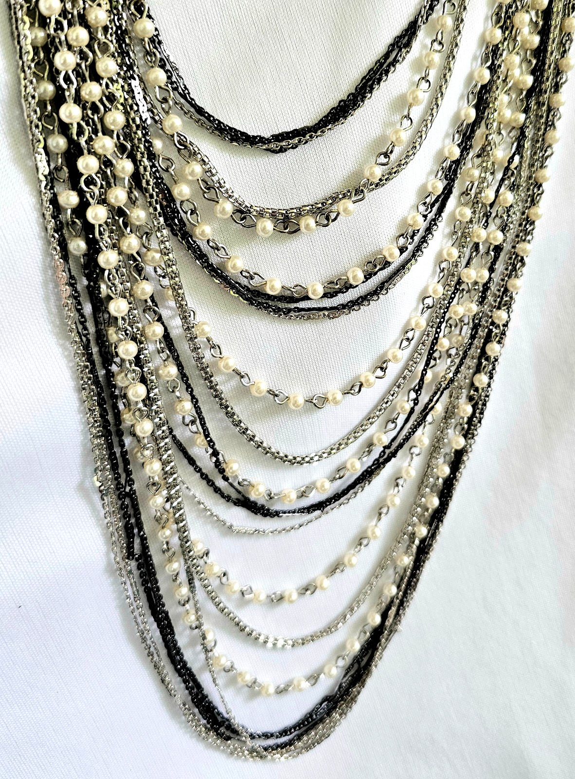 Adrienne 24 Multi Strand Necklace Faux Seed Pearl Silver Black Designer Jewelry