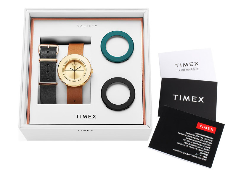 Timex Variety TWG020300 Ladies Gold Dial Watch Gift Set Extra Strap Bezels 34mm