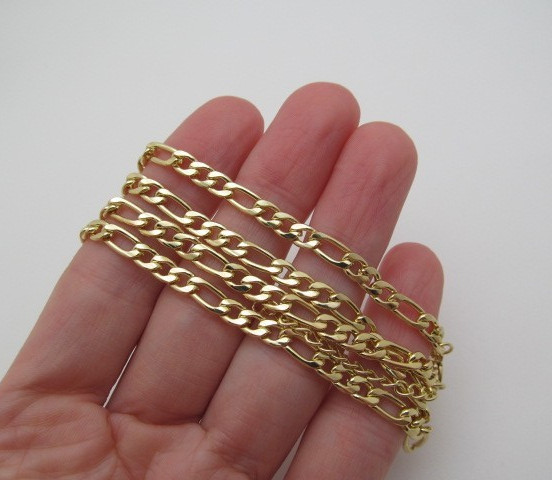 Solid Yellow Gold Tone Metal Figaro 4.5mm Chain Link Necklace Adjustable