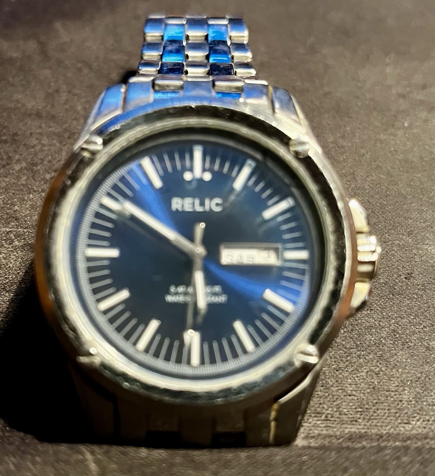 Relic Quartz Analog Watch Blue Dial Steel Bracelet 50m Water Resistant Date