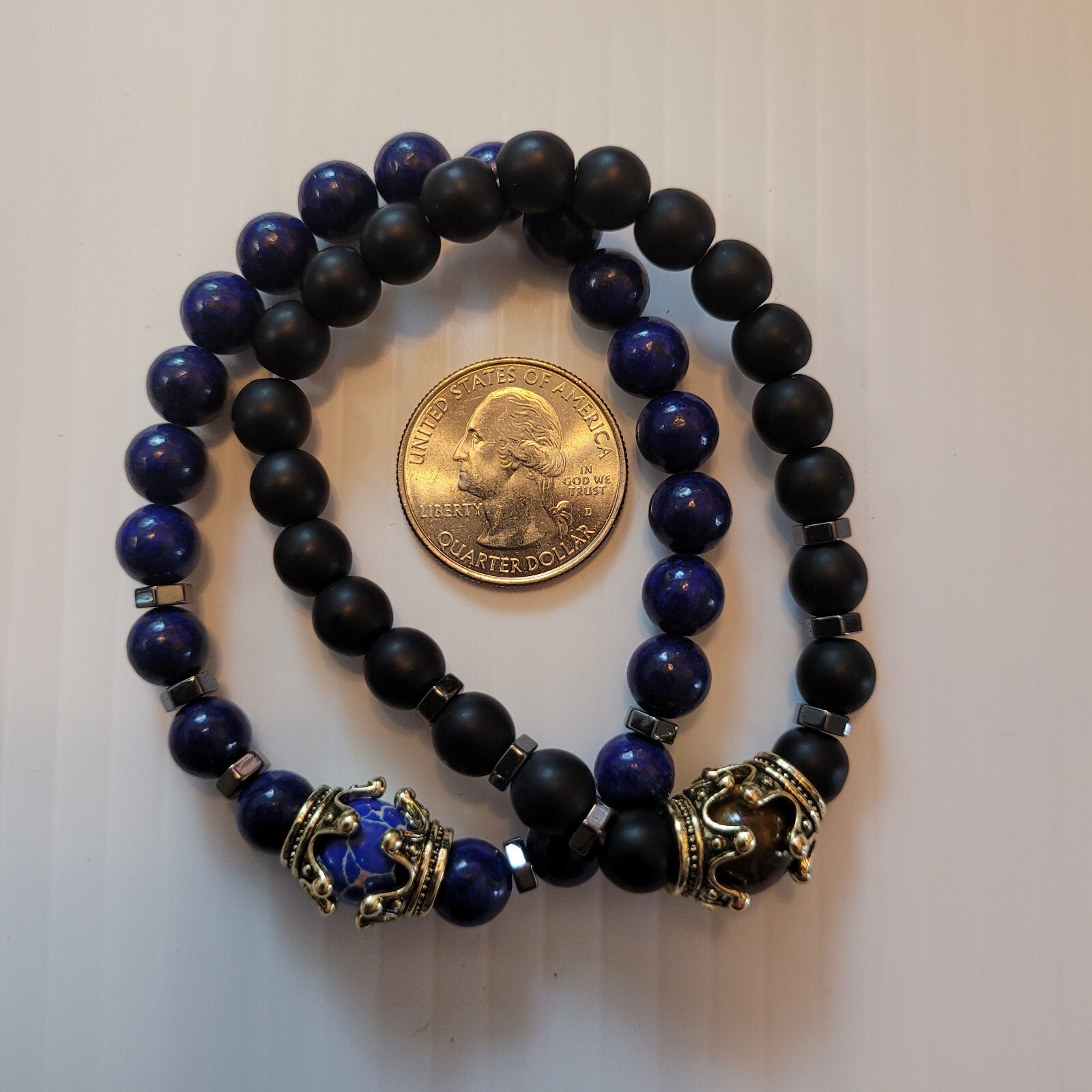 Alloy Double Crown & Hematite Accent Semi-Precious Bead Bracelets