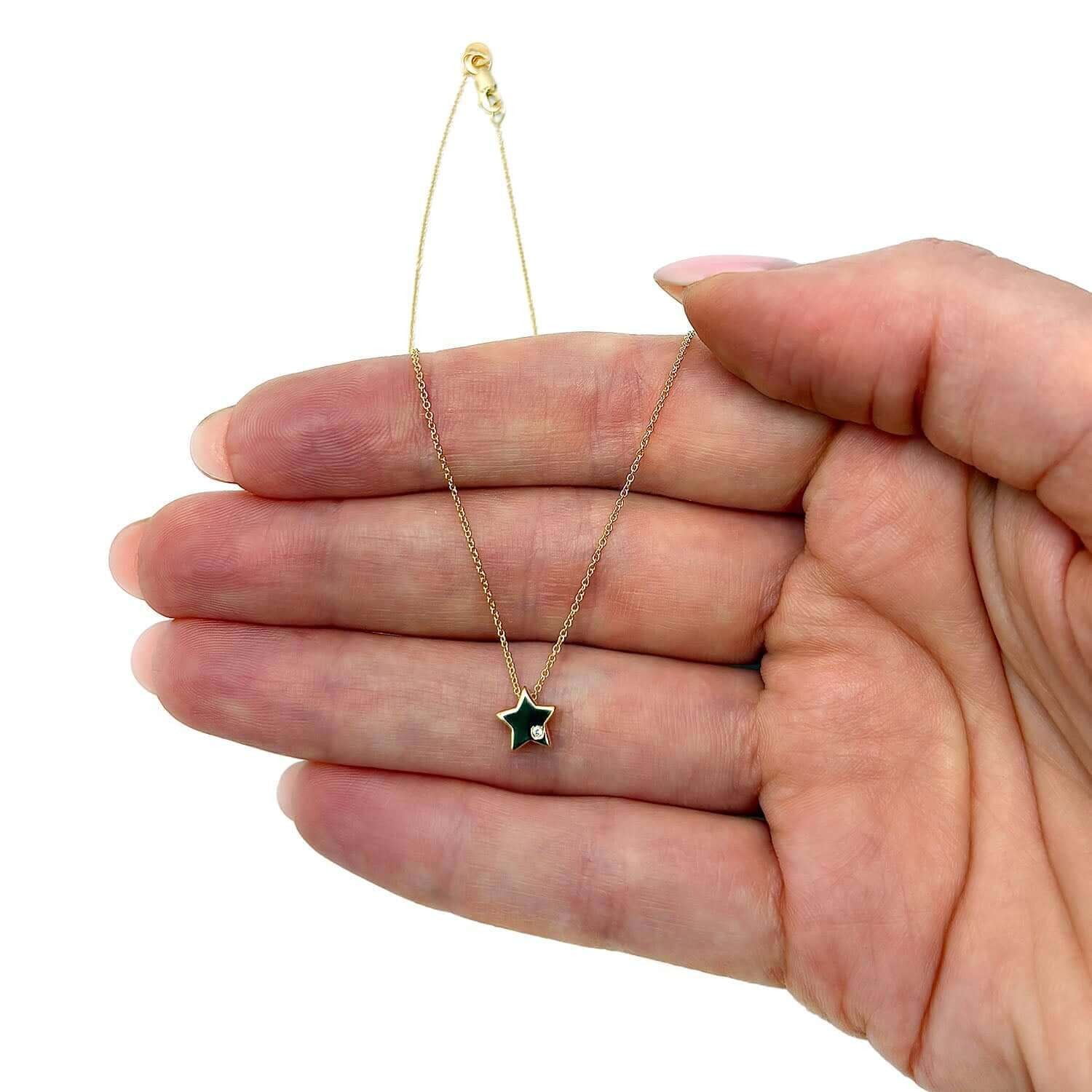 14K Gold Yellow .05Ct Real Diamond 6.5mm Star Charm Necklace 18″