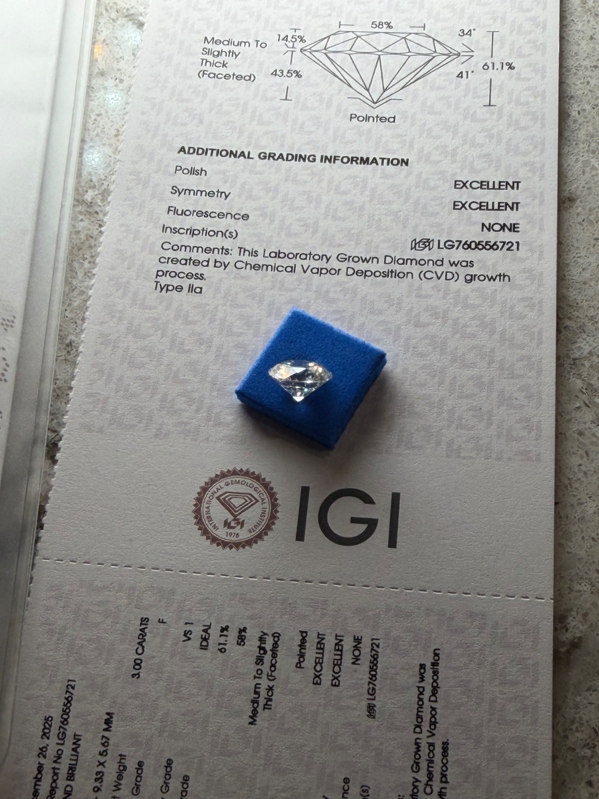 Certified 3.00 Carats Lab Grown Brilliant Round Diamond Excellent Symmetry