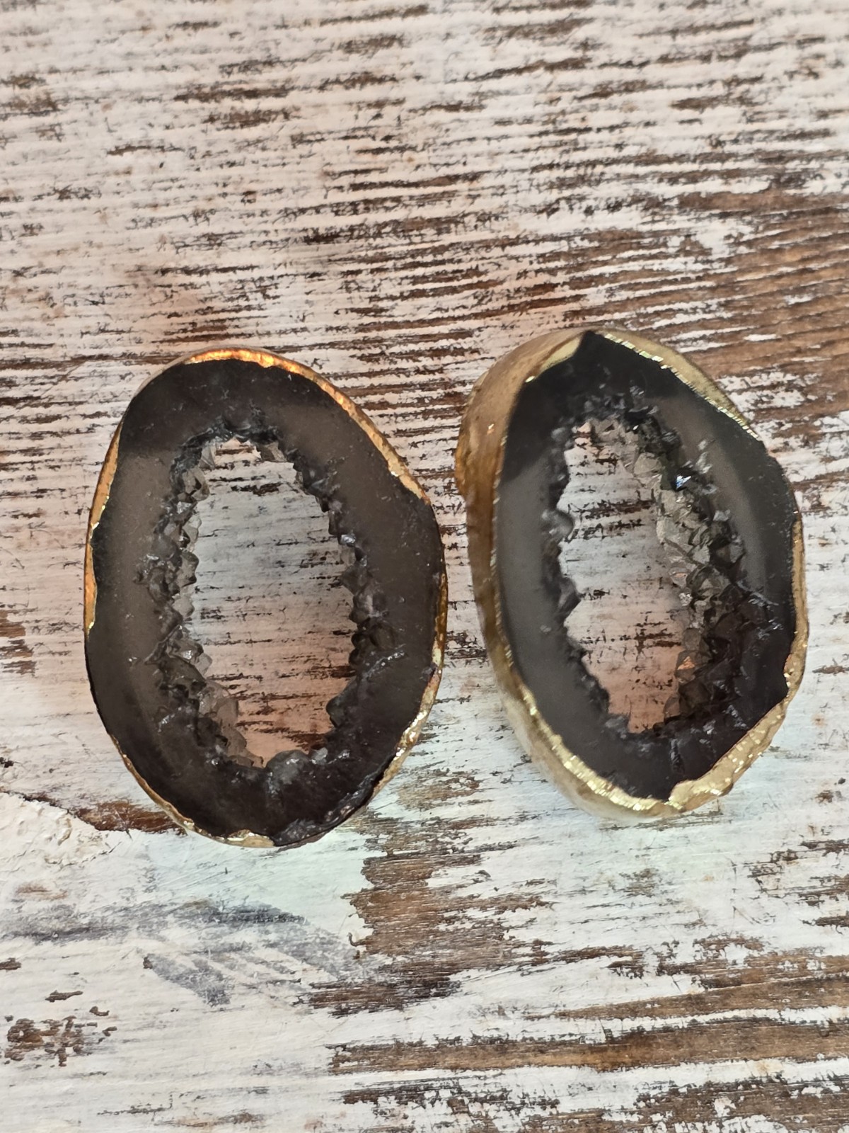 Geode Druzy Statement Earrings Gold Tone Black Crystal Slice Jewelry #262