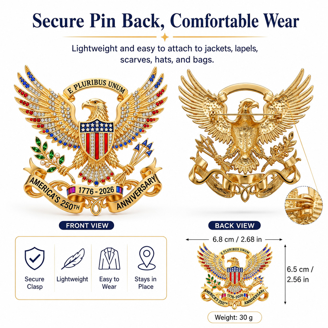 US 250th Anniversary Brooch Pin, USA 250th Anniversary Metal Lapel Pin For Gift
