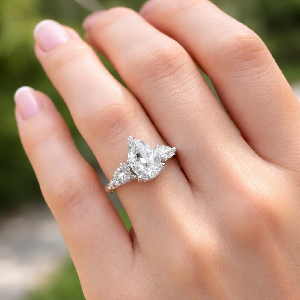 3.40 Ct Pear Cut Moissanite 3 Stone Prong Set Engagement Ring in Silver For Her