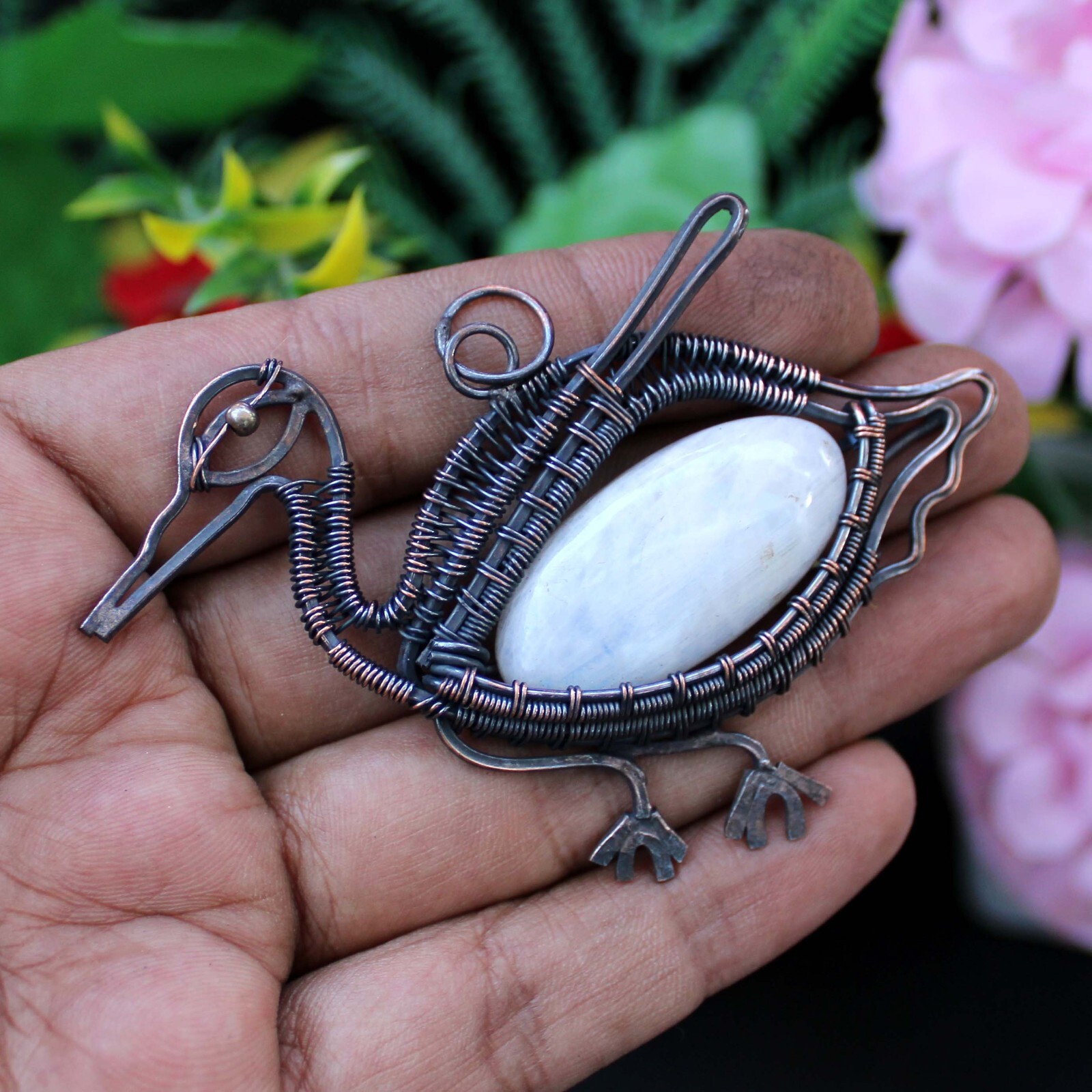 Rainbow Moonstone Jewelry Gift For Sister Copper Wire Wrapped Bird Pendant