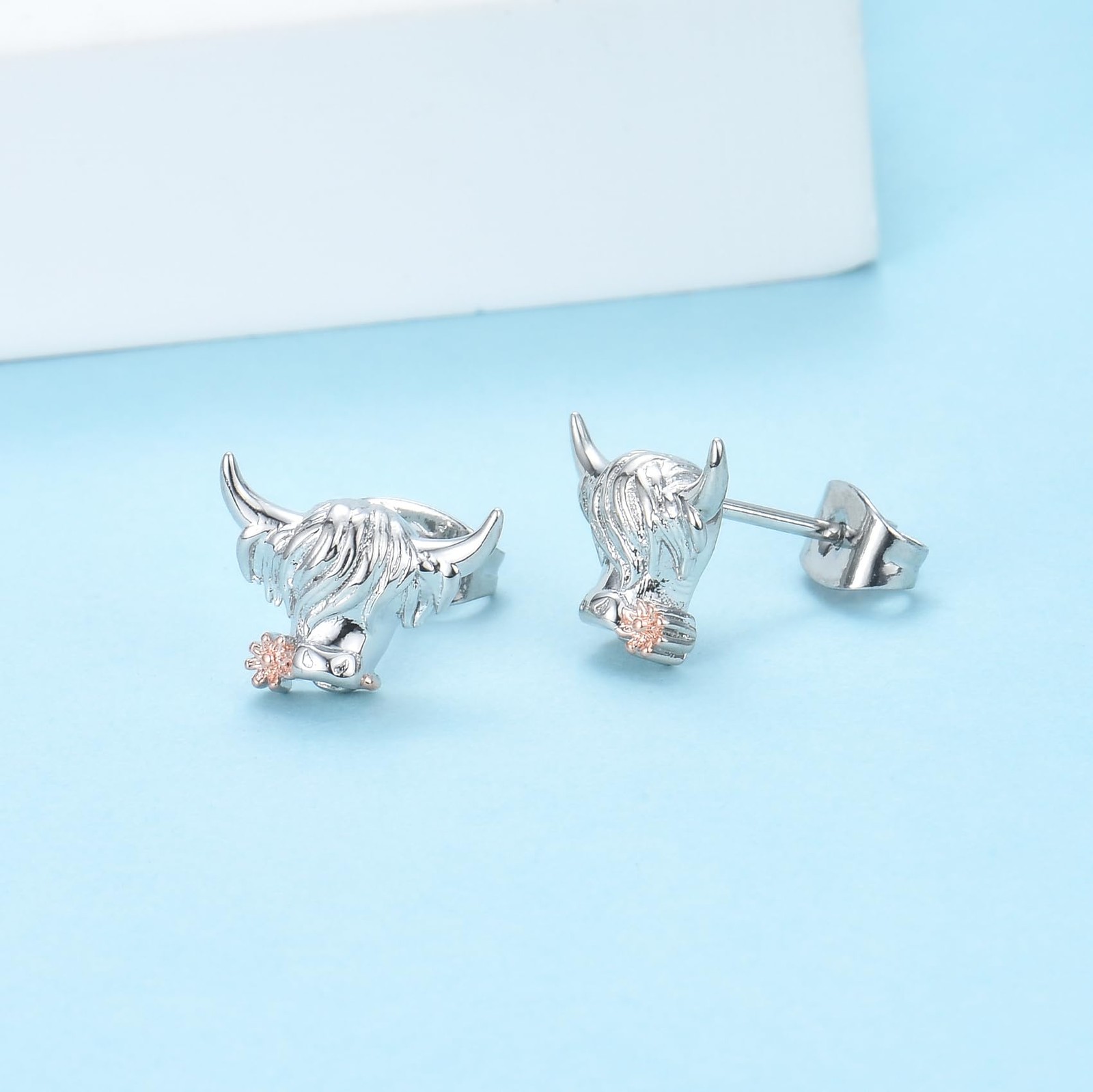 EPIRORA Highland Cow Stud Earrings for 9.2mm x 12mm (0.36″ x 0.47″), silver