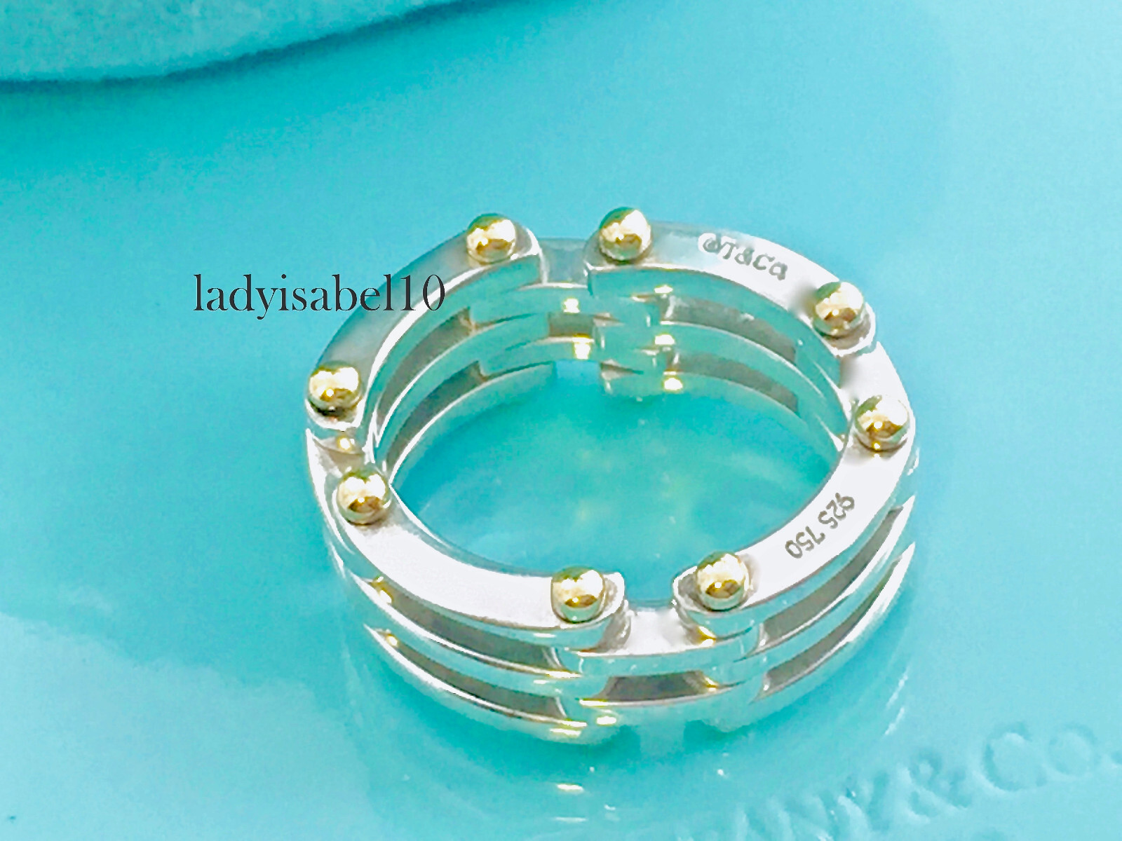 Sz 7.5 Tiffany & Co Gate Link 18k Gold 925 Silver Ring 12mm w/ Pouch – Authentic