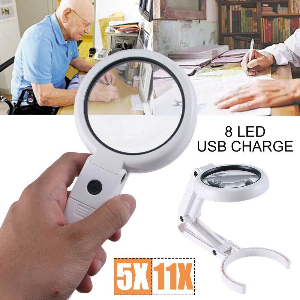 Desktop Foldable 5X 11X Lighted Magnifier 8 LED Hands Free Table Stand