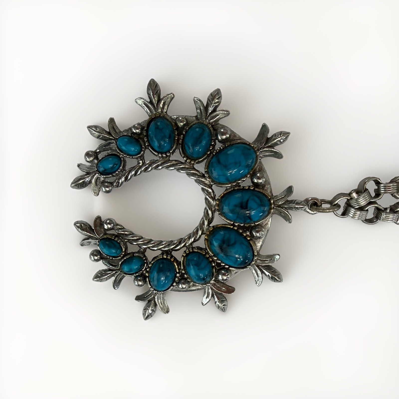 Vintage ART Signed Silver Tone Turquoise Cabochon Wreath Pendant Necklace 14.5”