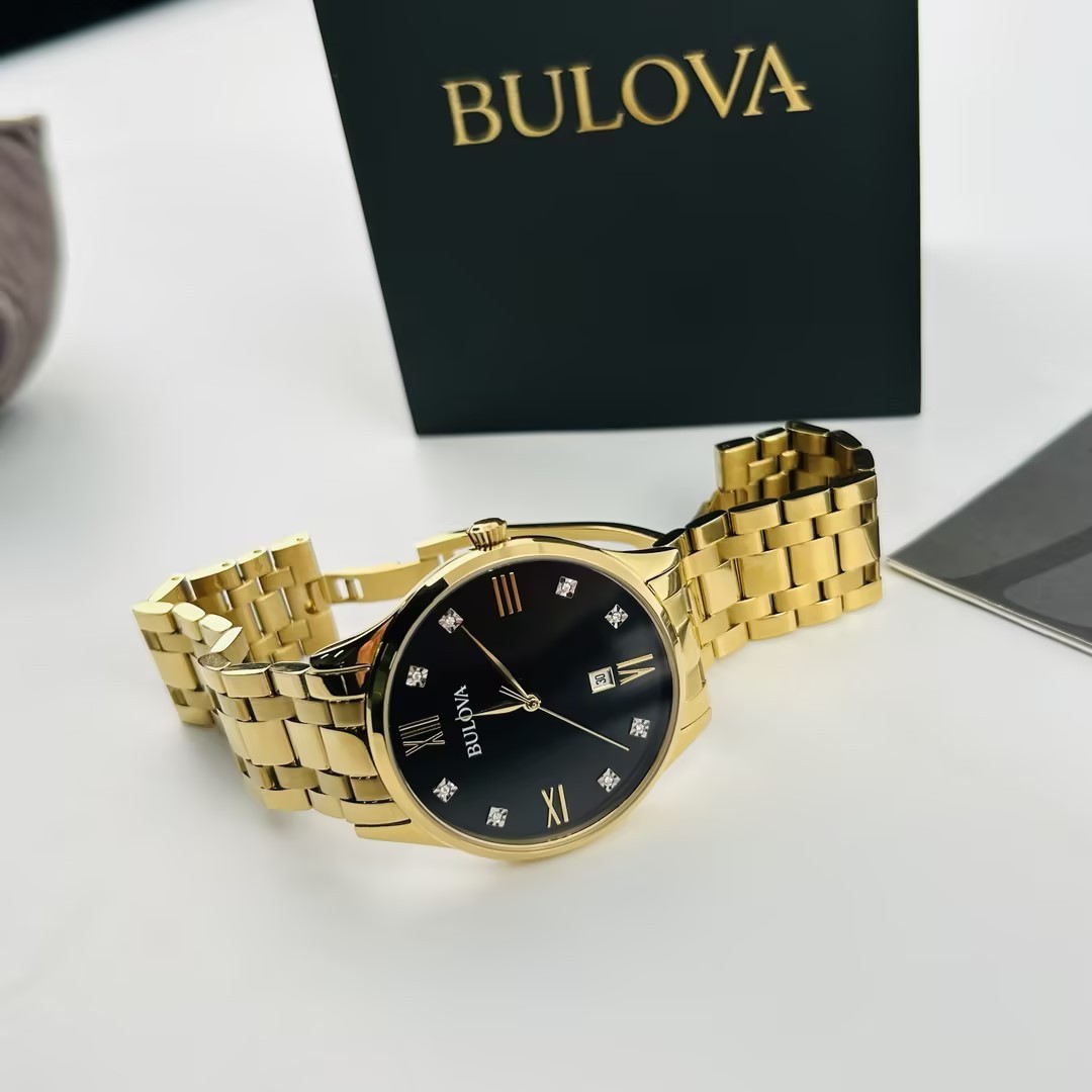 Bulova Classic 97D108 Black Dial Diamond Gold Bracelet Men’s Quartz Watch New