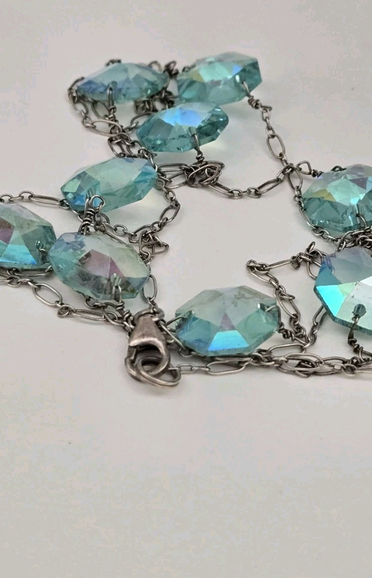 Vintage 925 Starling Silver Blue Crystal 41″ Long Station Necklace