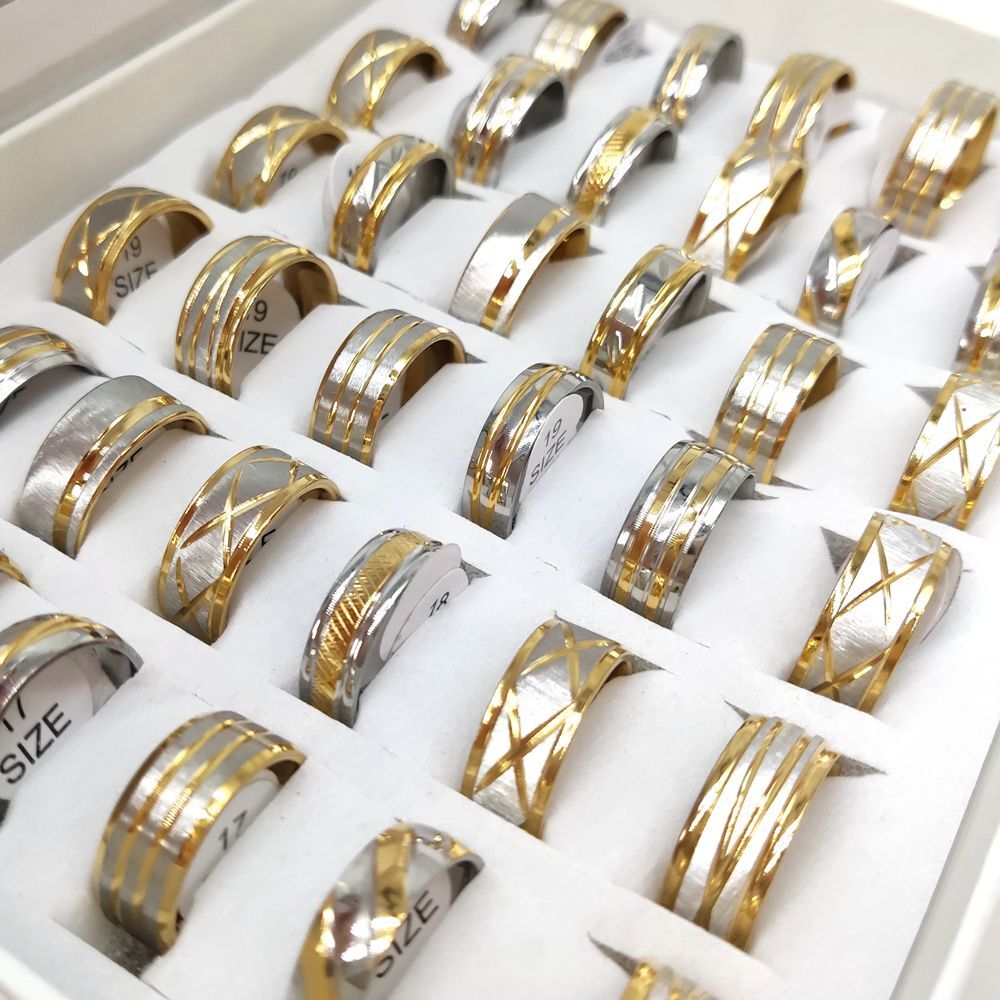 New 30pcs Gold Stripe Line TOP MIX Stainless Steel Rings Party Jewelry Bulk lots