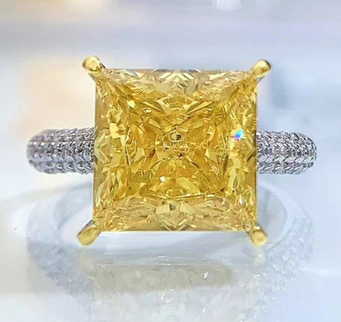 6.40 Ct Certified Princess Cut Natural Yellow Diamond Ring White Gold Finish