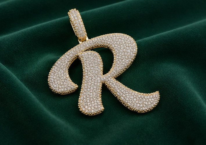5 Ct Moissanite Initial “R” Pendant–14K Yellow Gold Plated Iced Out Letter Charm