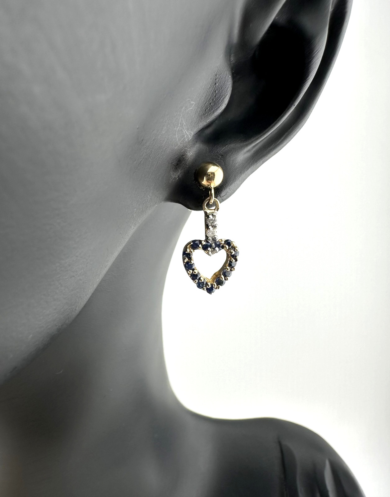 14k Yellow Gold Natural Sapphire & 0.02ct Diamond Heart Dangle Earrings 0.90dwt