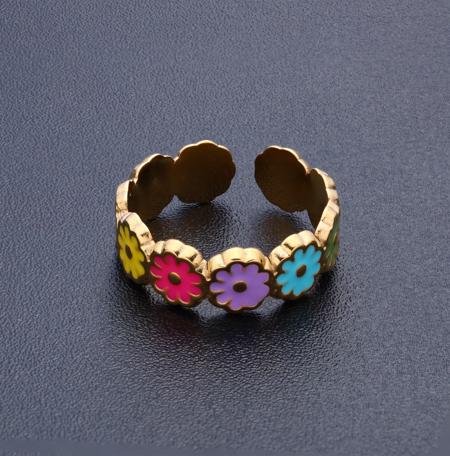 18K Gold Plated Stainless Steel Toe Ring Multicolor Enamel Floral Open Ring