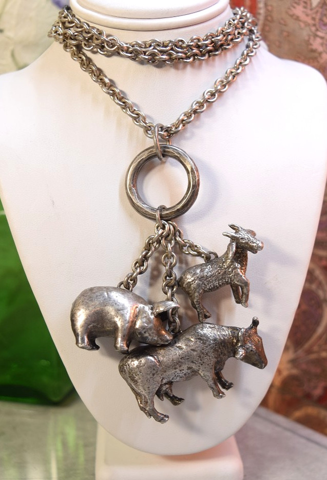 Susan Cummings Sterling Farm Animal Big Charm Pendant Necklace Cow Pig Goat 30″