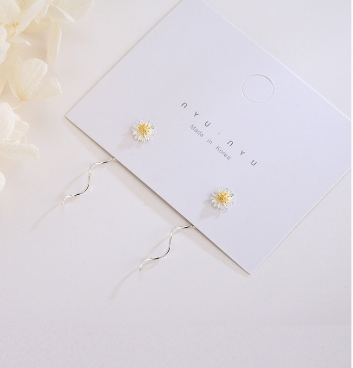 Sterling Silver Sun Flower Daisy Pull Through Wave Threader Stud Earrings PE47