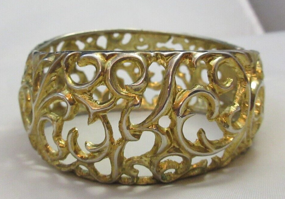 Vintage Open Work 1 1/4 Inch Wide Hinged Cuff Clamper Bracelet Gold Tone As Is
