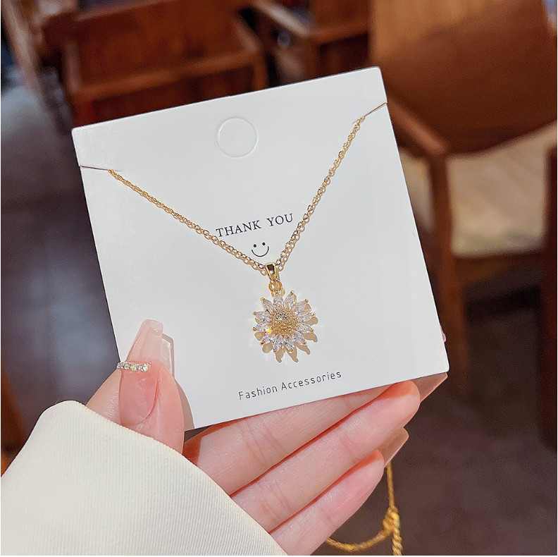 14K Gold Stainless Steel Sunflower CZ Pendant Necklace 16-18″ Chain Women AG