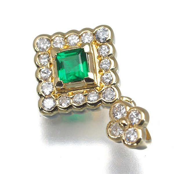 Emerald 0.23ct Diamond 0.30ct Drop Flower Pendant 18K 750 Yellow Gold